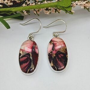 Red Rose Dahlia Oval Sterling Silver Earrings